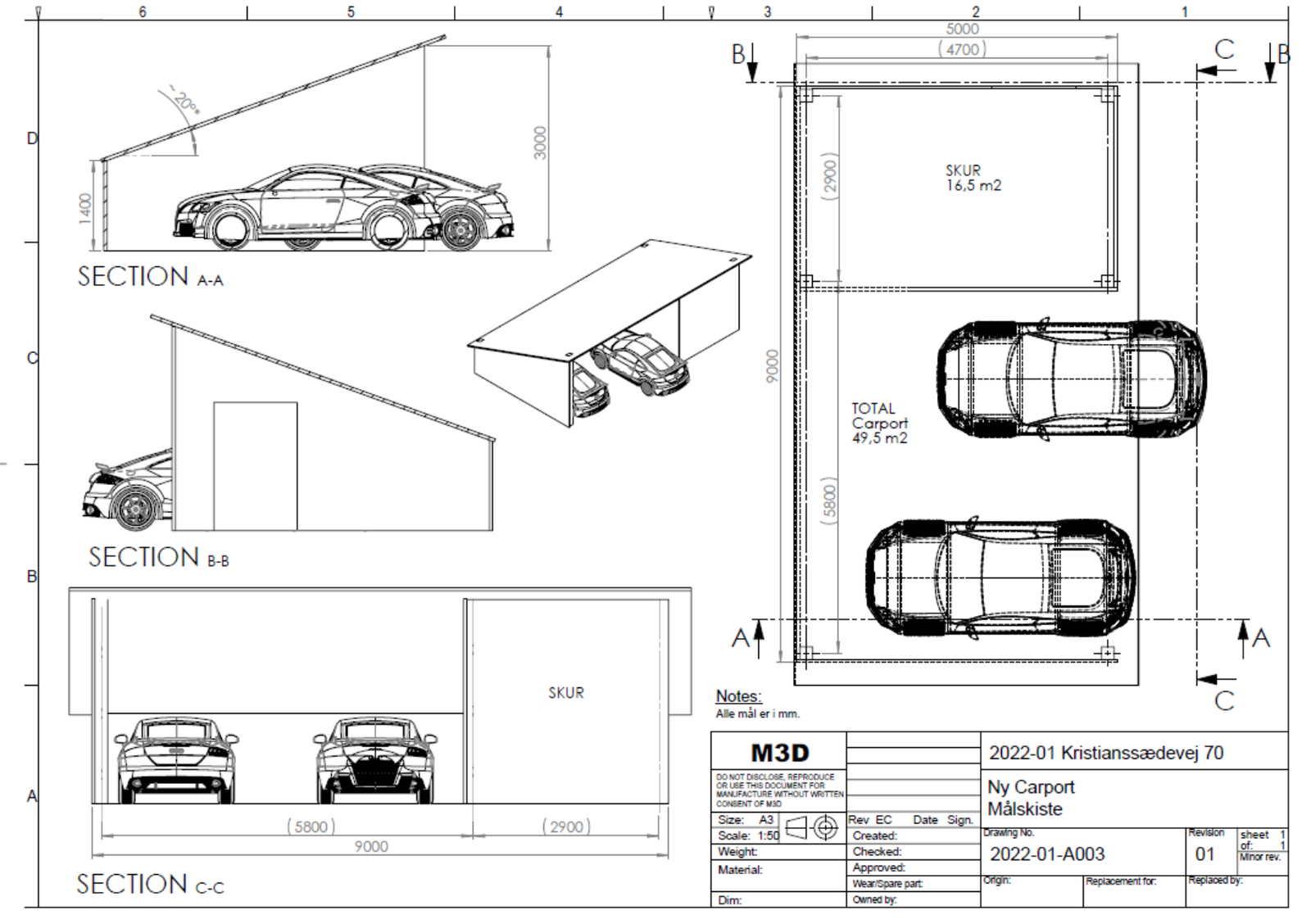 Carport mål tegning (Solidworks)